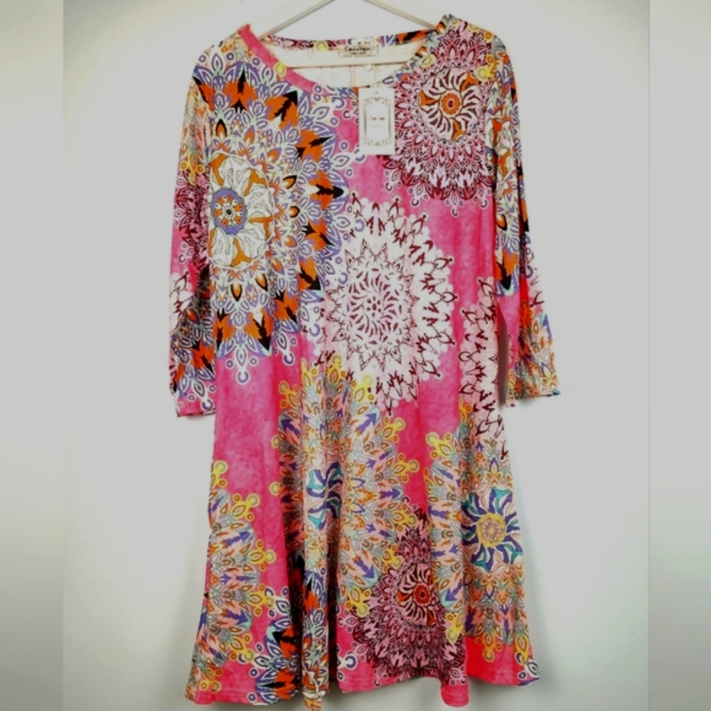 Coeur De Vague Pink Mandala Side Pocket Shift Dress Size XL